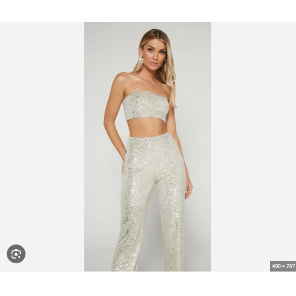 Showpo Two Piece Set NWT Sz 16 Silver Sequin Pants Bandeau Tube Top‎ Plus Size